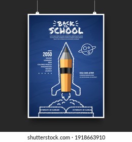 Color pencils rocket launching out from the book to space, welcome back to school flyer