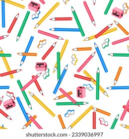 Color pencils seamless pattern, sharpeners and wood shavings. Preschool supply, art tools. Education, back to school concept. Vector illustration isolated on white background