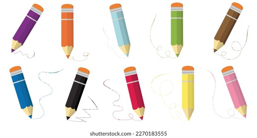 Color pencils, a set of 10 pieces with elastic bands and drawn lines. Vector cartoon illustration