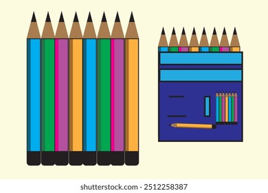 Color Pencils set with box Vector illustration for mockup graphics designs.