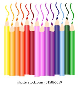 Color pencils set. Set of fourteen wooden pencils on white background. Vector illustration. Lead pencils with various length tip.