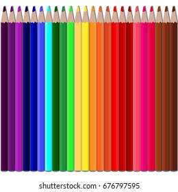 Color pencils set on white background. Pencils all colors of the rainbow, in vertical orientation. Vector illustration