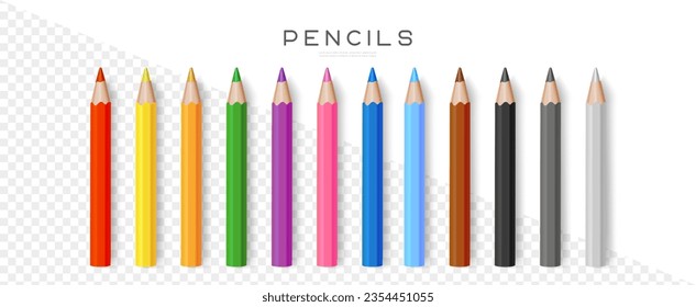 Color pencils. Set of realistic colored pencils or crayons isolated on transparent background. School equipment. Vector illustration