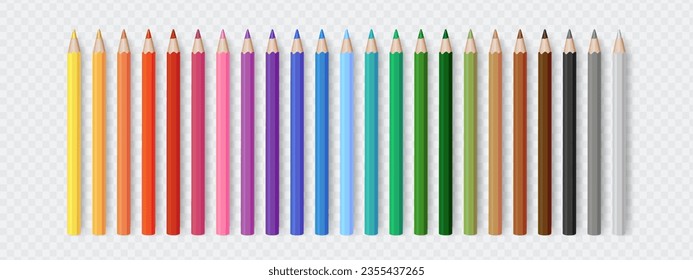 Color pencils. Set of realistic colored pencils or crayons isolated on transparent background. School equipment. Vector illustration