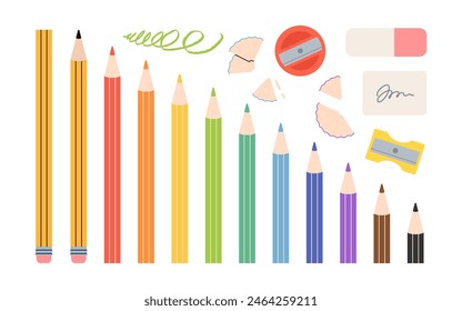 Color pencils set with sharpener and eraser. Preschool supply, stationery doodle collection. Education, back to school concept. Vector illustration, elements are isolated