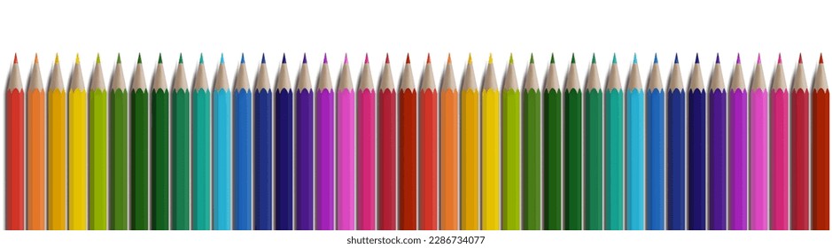 Color pencils vector realistic border. Row of crayons for drawing album, school supplies, education diploma, kindergarden kids drawing frame