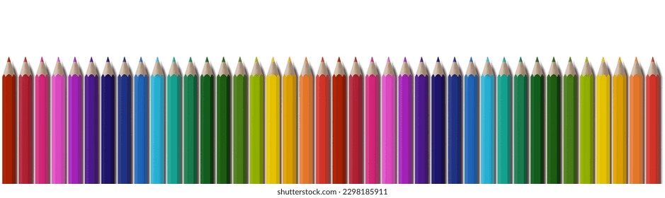 Color pencils vector realistic border. Row of crayons for drawing album, school supplies, education diploma, kindergarden kids drawing frame