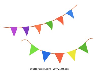 Color pennant isolated on white background. Hanging summer party garland for kids. Triangle flags in rainbow colors. Vector illustrations