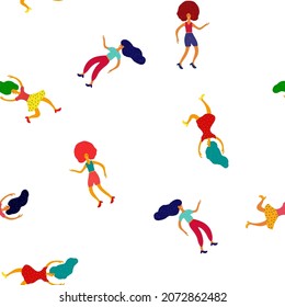 Color People Cartoon Vector White Seamless Pattern. Cute Summer Person Poster. Freedom Friend Template. Fashion Girl Joy Wallpaper. Silhouette Character Together Set.
