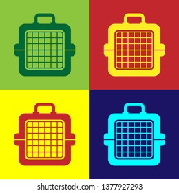 Color Pet carry case icon isolated on color backgrounds. Carrier for animals, dog and cat. Container for animals. Animal transport box. Vector Illustration