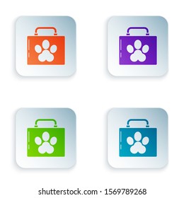 Color Pet first aid kit icon isolated on white background. Dog or cat paw print. Clinic box. Set icons in square buttons. Vector Illustration