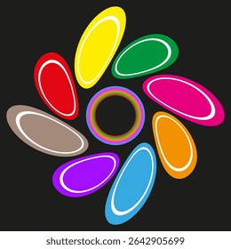 Color petal icon. Flower symmetry vector. Abstract bloom shape. Black background.