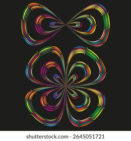 Color petal symmetry. Flower vector shape. Rainbow abstract element. Black background art.