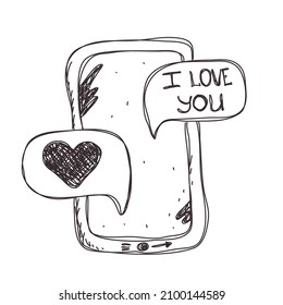 Color phone with love message. doodle smartphone with  SMS for Valentines day holiday, message with love, heart