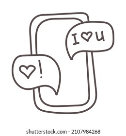 Color phone with love message. doodle smartphone with  SMS for Valentines day holiday, message with love, heart