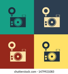 Color Photo camera icon isolated on color background. Foto camera icon. Vintage style drawing. Vector Illustration