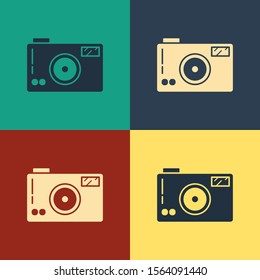 Color Photo camera icon isolated on color background. Foto camera icon. Vintage style drawing. Vector Illustration