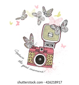 color photo camera print, capture the best moment, hand drawn illustration, artwork, wall art poster, t-shirt print