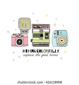 color photo camera print, hand drawn illustration, artwork, wall art, t-shirt print