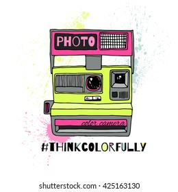 color photo camera print, think colorfully, hand drawn illustration, artwork