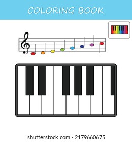 Color the piano keys according to the sample, according to the notes. Color learning game for preschoolers. Printed leaflet Vector illustration
