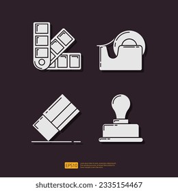 Color picker palette guide, masking scotch tape, rubber eraser, ink stamp. School or office stationery glyph icon set. Vector Collection Illustration