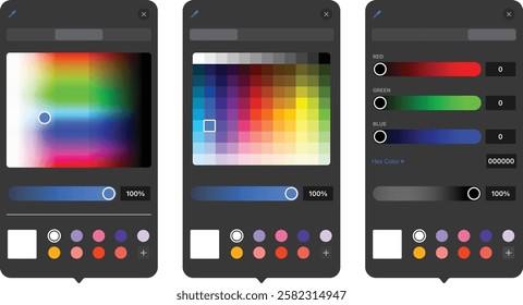 Color Picker. Selection in graphic software. Gradient rainbow RGB. Set of colour settings. Palettes. Сolor selection in graphic design editors. Colour pick in Mac OS, Photoshop, Illustrator