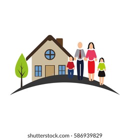 color pictogram of house with family