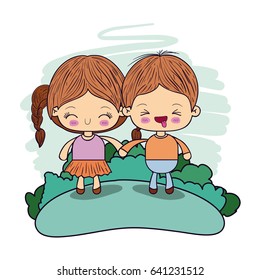 color picture couple kawaii wink kids taken hands in forest vector illustration