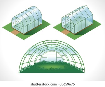 color picture of different greenhouses. drawing in the isometry svg