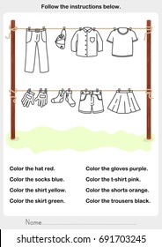 Color The Picture - Dry Clothes In The Sun - Worksheet For Education