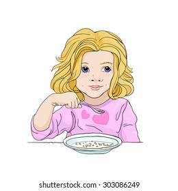 A color picture of a little girl with blond hair and blue eyes, eating cereal rings with appetite.