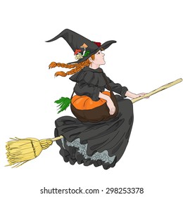 a color picture of a little witch flying on a broom with a pumpkin in her bag