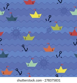 color picture, pattern with paper boats on the background of the waves