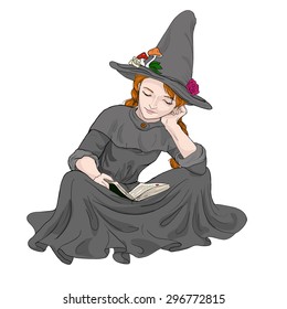 color picture of a reading young witch, sitting on the floor