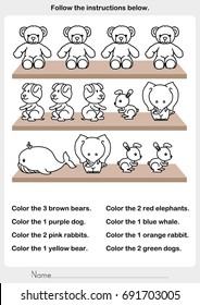 color the picture - stuffed animals on the shelf - worksheet for education