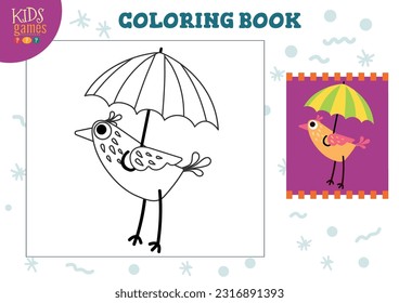 Color picture vector illustration. Coloring game for preschool and school kids. Cute funny bird for drawing and education activity