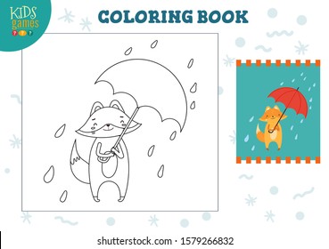Color picture vector illustration, exercise. Funny cartoon fox with umbrella for coloring mini game for preschool kids 