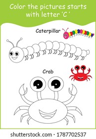 Color the picture,C for Caterpillar, C for crab,color the caterpillar,color the crab,coloring page,kids coloring practice,letters C,worksheet,vector design