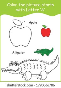 Color the pictures start with letter A,Alphabets learning,kindergarten educational games,coloring page,apple,alligator,cute cartoon style,vector illustration,kids worksheet