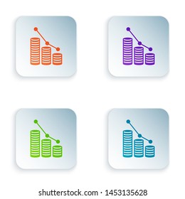 Color Pie chart infographic and coin icon isolated on white background. Diagram chart sign.  Set icons in colorful square buttons. Vector Illustration