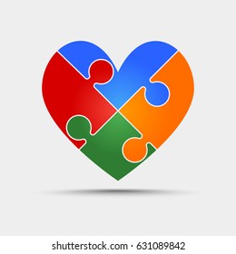 Color pieces puzzle of romantic heart. Icon, logotype, logo vector puzzle illustration. Jigsaw on Valentine Day. Love, medical, relationship symbol. Autism awareness. Four slices, pieces, parts heart.