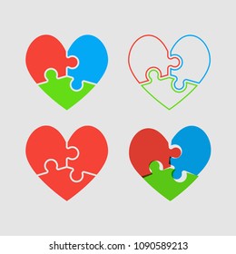Color pieces puzzle of romantic hearts. Icon, logotype, logo vector puzzle illustration. Jigsaw on Valentine Day. Love, medical, relationship symbol. Autism awareness. Three slice, piece, part heart.