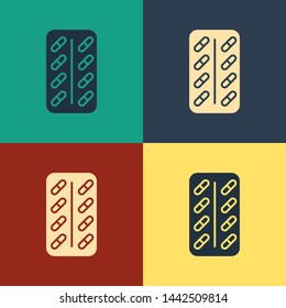 Color Pills in blister pack icon isolated on color background. Medical drug package for tablet: vitamin, antibiotic, aspirin. Vintage style drawing. Vector Illustration