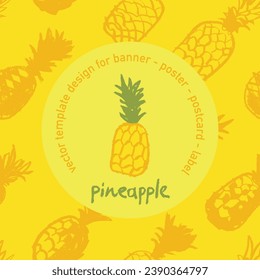 Ananas-Farbzeichen auf Ananas-Muster nahtlos. Ananas-Hintergrund für Lebensmittelverpackungen oder die Gestaltung des kosmetischen Etiketts. Obstschmuck für Bannerhintergrund mit natürlichen Zeichentexturen. Schöner Kunststil.