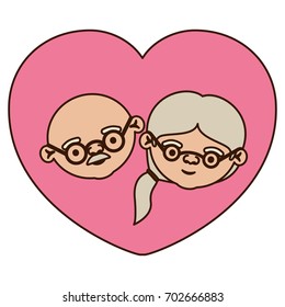 color pink heart shape greeting card with caricature face of bald grandfather with glasses and grandmother with ponytail side hair vector illustration