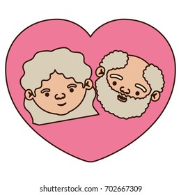 color pink heart shape greeting card with caricature face of grandfather with beard and grandmother with wavy hair vector illustration