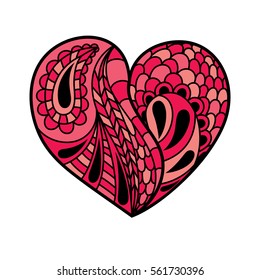 Color pink heart in the style of zentangle, pattern. Hand drawn vector illustration for Valentine's Day.