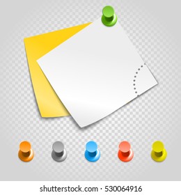 Color pins and paperclip isolated on transparent. Different pins vector set