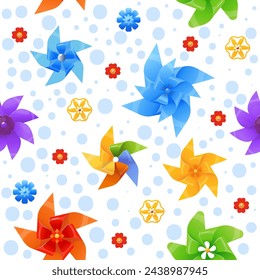 Color pinwheels seamless pattern. Cartoon windmills toys. Repeated print. Spinning origami. Summer kids paper propellers. Rotated fans. Breeze mills twirl. Vane blades